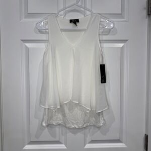 BCX Womens White V-Neck Sleeveless Double Layer Chiffon Blouse Top Size XXS